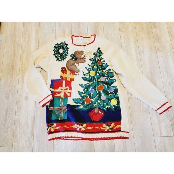 Casual Corner L Heavy Embroidered Bears Christmas Sweater Sz L Vintage 80's - Picture 1 of 8